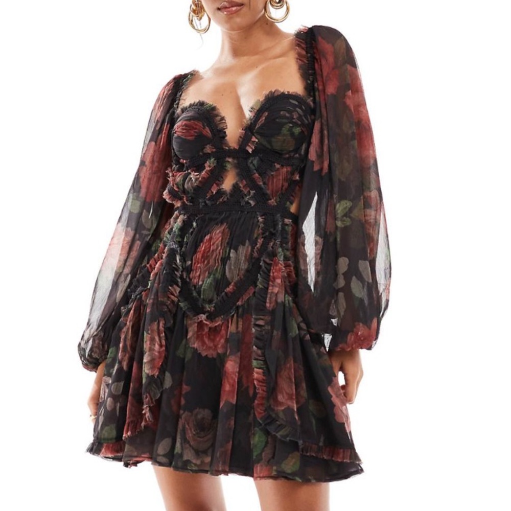 ASOS DESIGN long sleeve shirred corset mini dress with cut out